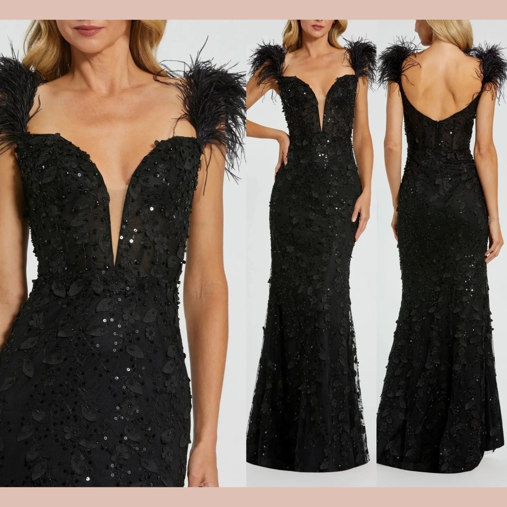 NWT‎ Mac Duggal [ 4 ] 20889 Sheer Applique Bustier Gown w Feather Straps #J2075